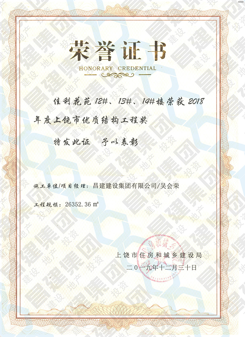 喜訊！昌建集團佳利花苑12#、13#、14#樓獲評“2018年度上饒市優質結構工程獎”