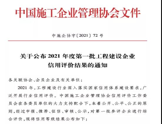 熱烈慶祝昌建集團又一次獲評“企業信用評價AAA級信用企業”和“2021年度工程建設誠信典型企業”國家級榮譽稱號